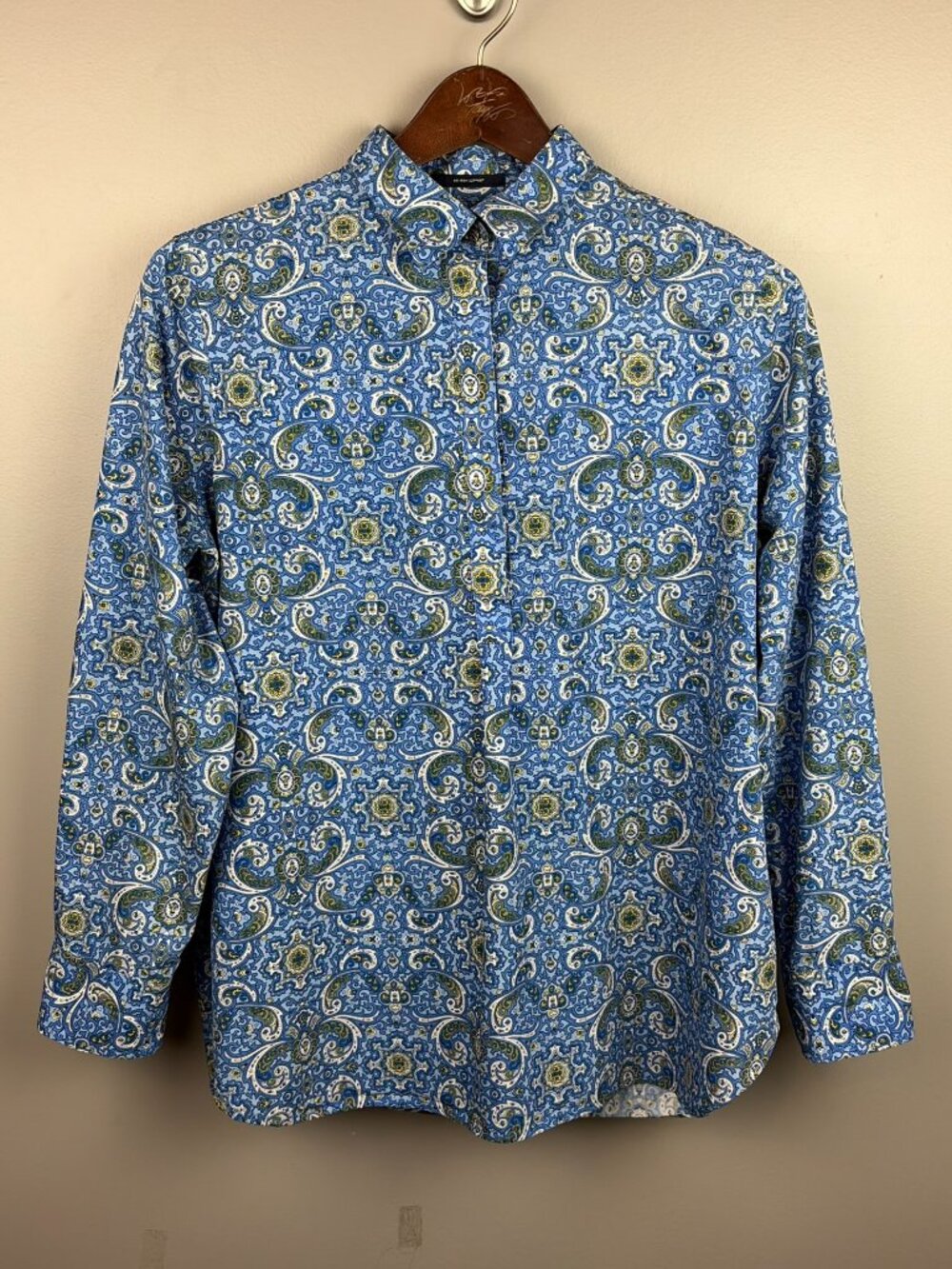 Lands' End Blue Paisley Quarter Button Up Blouse Size 10 Petite No Iron Supima